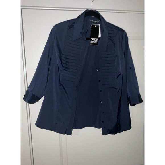 Womens Top Blouse Size PL Blue Button Down Pleats Stretch New Antilia Femme - Picture 2 of 9